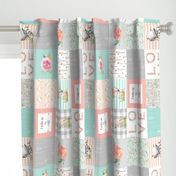 Woodland Animals Baby Girl Quilt Top (rotated) - Deer Fox Raccoon Woodland Patchwork Wholecloth Baby Blanket Gray Mint Peach 