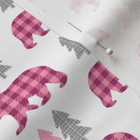 Bears & Trees – Gray, Raspberry + Pink Plaid Bear Buffalo Plaid Check Woodland Baby Girl Nursery Bedding