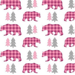 Bears & Trees – Gray, Raspberry + Pink Plaid Bear Buffalo Plaid Check Woodland Baby Girl Nursery Bedding