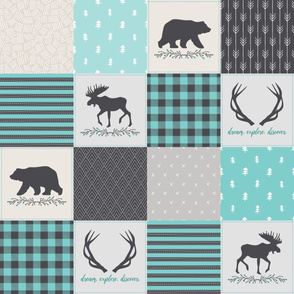 Woodland Patchwork Blanket Quilt Top - Animals Cheater Quilt Bears Moose Antlers Nursery Baby Boy Blanket Panel - Smokey Grey + Teal- Ginger Lous