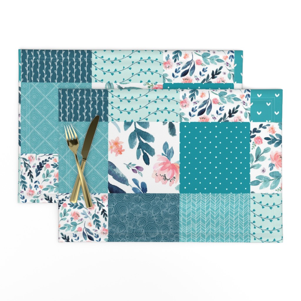 Turquoise Floral Quilt Panel - Cheater Quilt, Patchwork Blush Peach Watercolor Peonies & Teal/Blue Leaves. Ginger Lous