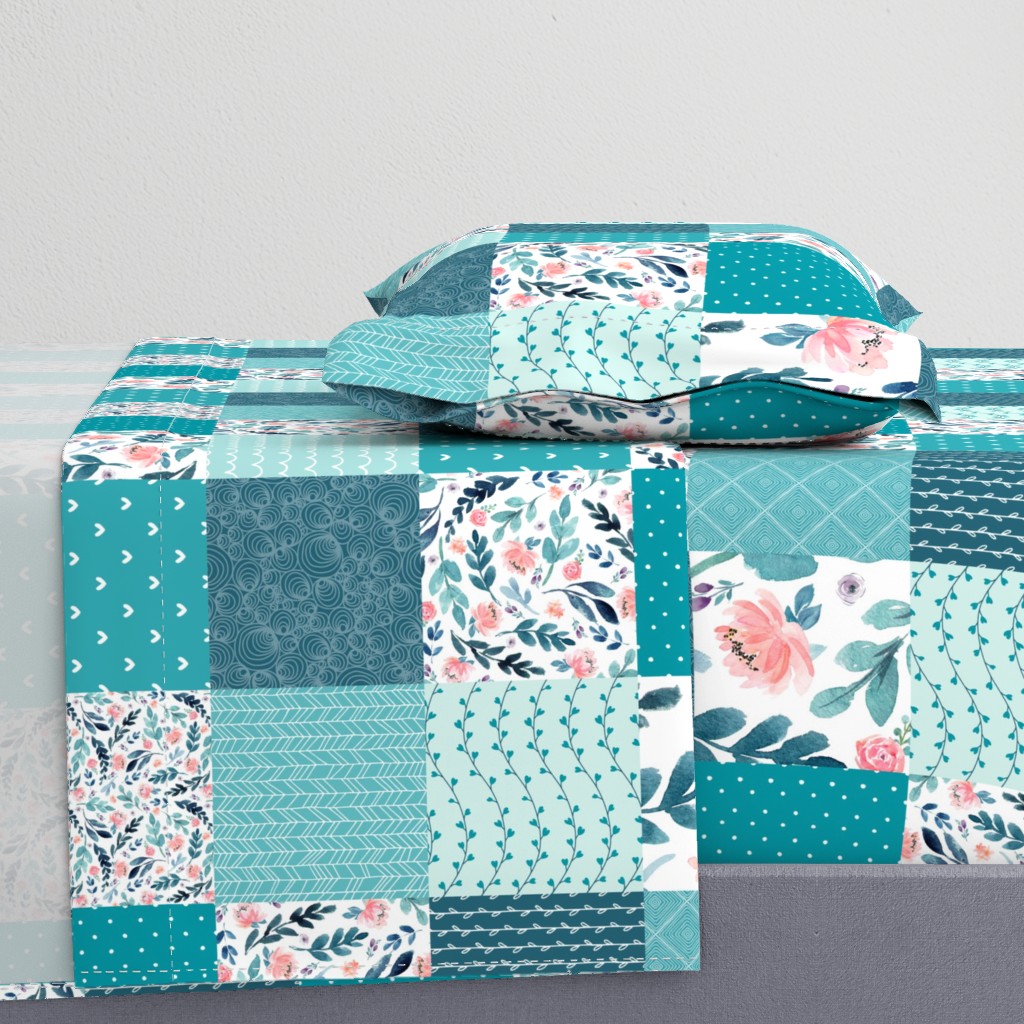 Turquoise Floral Quilt Panel - Cheater Quilt, Patchwork Blush Peach Watercolor Peonies & Teal/Blue Leaves. Ginger Lous