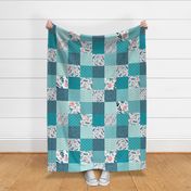 Turquoise Floral Quilt Panel - Cheater Quilt, Patchwork Blush Peach Watercolor Peonies & Teal/Blue Leaves. Ginger Lous
