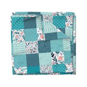 Turquoise Floral Quilt Panel - Cheater Quilt, Patchwork Blush Peach Watercolor Peonies & Teal/Blue Leaves. Ginger Lous