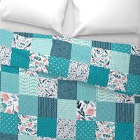 Turquoise Floral Quilt Panel - Cheater Quilt, Patchwork Blush Peach Watercolor Peonies & Teal/Blue Leaves. Ginger Lous