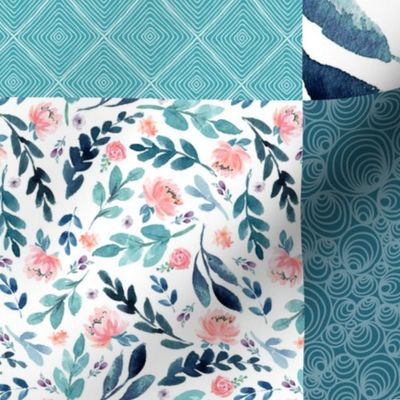 Turquoise Floral Quilt Panel - Cheater Quilt, Patchwork Blush Peach Watercolor Peonies & Teal/Blue Leaves. Ginger Lous