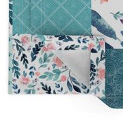 Turquoise Floral Quilt Panel - Cheater Quilt, Patchwork Blush Peach Watercolor Peonies & Teal/Blue Leaves. Ginger Lous