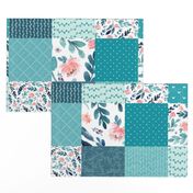 Turquoise Floral Quilt Panel - Cheater Quilt, Patchwork Blush Peach Watercolor Peonies & Teal/Blue Leaves. Ginger Lous