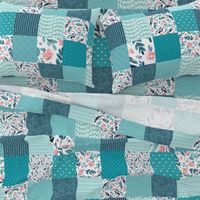 Turquoise Floral Quilt Panel - Cheater Quilt, Patchwork Blush Peach Watercolor Peonies & Teal/Blue Leaves. Ginger Lous