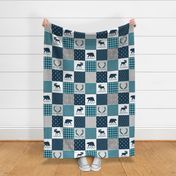 Woodland Quilt Top - Bear Moose + Antler Wholecloth Baby Boy Blanket Panel - Sailor Blue Grey + Blue Design- Ginger Lous