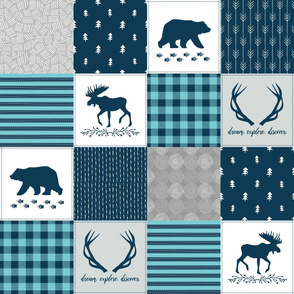 Woodland Quilt Top - Bear Moose + Antler Wholecloth Baby Boy Blanket Panel - Sailor Blue Grey + Blue Design- Ginger Lous