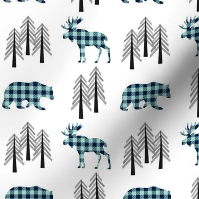 Woodland Moose, Bear & Trees – Navy + Mint Plaid Bears Buffalo Plaid Check Forest Baby Nursery Bedding GingerLous