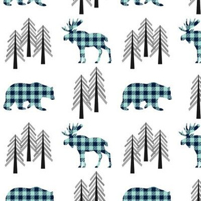 Woodland Moose, Bear & Trees – Navy + Mint Plaid Bears Buffalo Plaid Check Forest Baby Nursery Bedding GingerLous