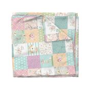 Daddy's Girl WhisperWood Nursery Woodland Patchwork Quilt ROTATED – Deer Fox Bunny Flowers, pink mint peach gray, Quilt A