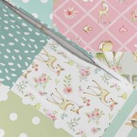 Daddy's Girl WhisperWood Nursery Woodland Patchwork Quilt ROTATED – Deer Fox Bunny Flowers, pink mint peach gray, Quilt A