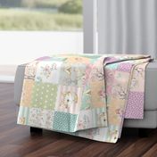 Daddy's Girl WhisperWood Nursery Woodland Patchwork Quilt ROTATED – Deer Fox Bunny Flowers, pink mint peach gray, Quilt A