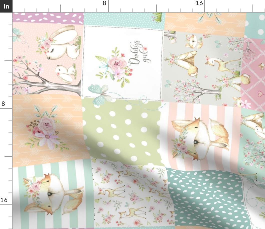 Daddy's Girl WhisperWood Nursery Woodland Patchwork Quilt ROTATED – Deer Fox Bunny Flowers, pink mint peach gray, Quilt A