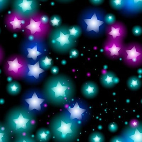 Abstract starry pattern with neon star on black background