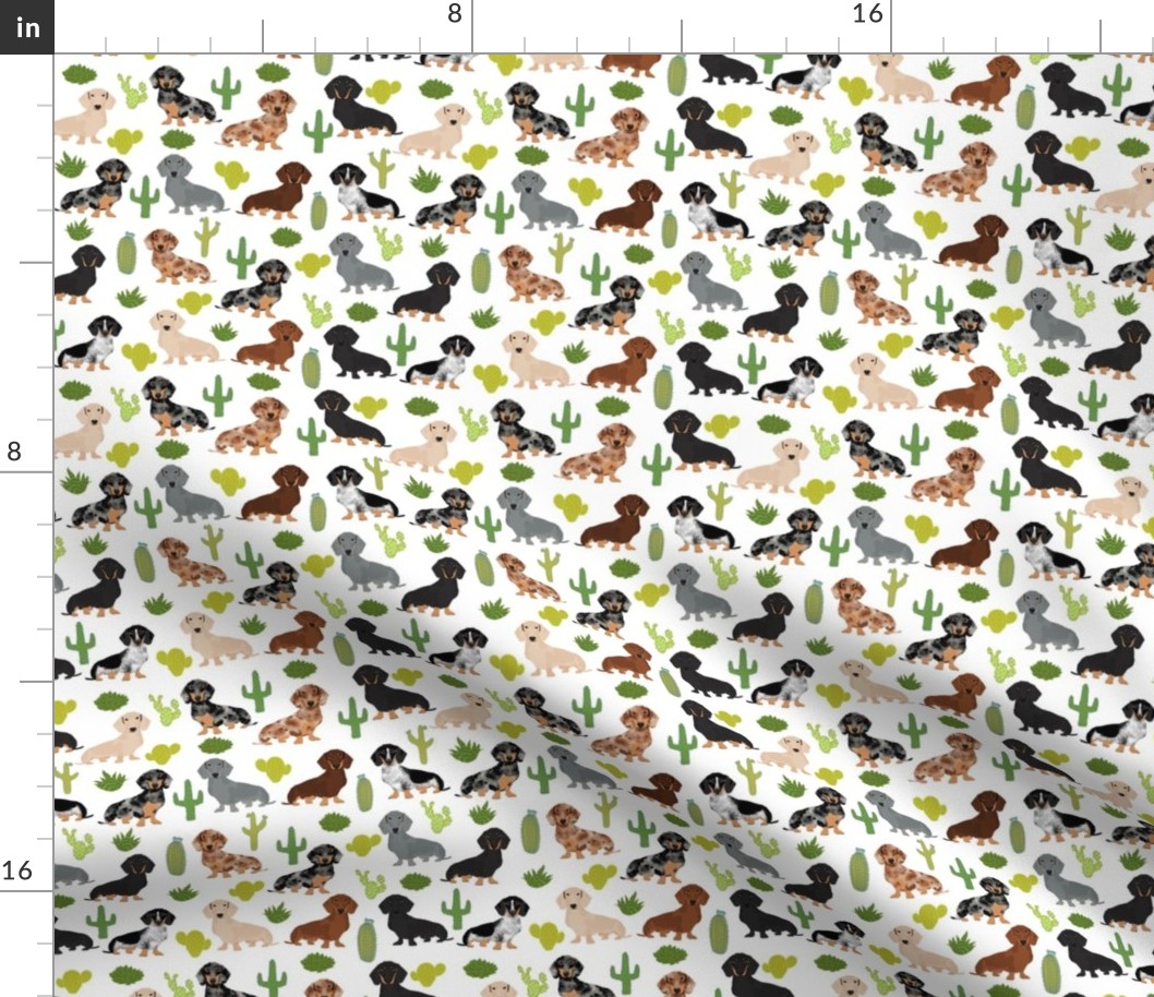 dachshund dog fabric dogs and cactus design - white