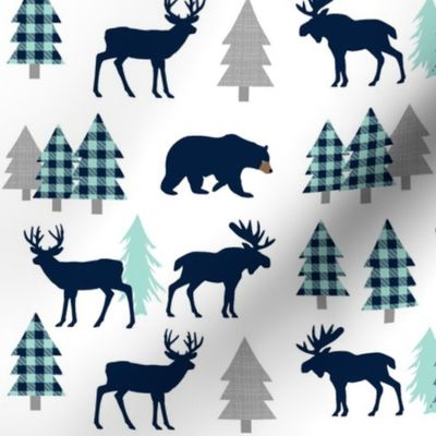 Woodland Animals - Navy + Mint Buffalo Plaid Baby Nursery Kids Children Baby Boy Bedding