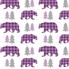 Bears & Trees – Gray, Plum + Wisteria Plaid Bear Buffalo Plaid Check Woodland Baby Girl Nursery Bedding