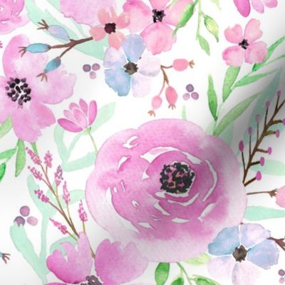 Spring Floral - Watercolor Flowers Pink Blue Garden Blooms Baby Girl Nursery GingerLous A