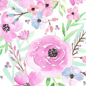 Spring Floral - Watercolor Flowers Pink Blue Garden Blooms Baby Girl Nursery GingerLous A