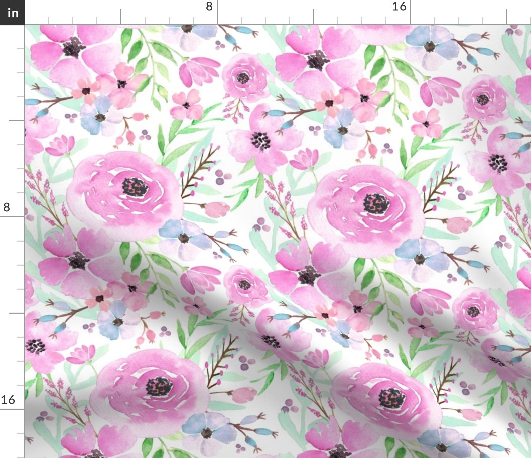 Spring Floral - Watercolor Flowers Pink Blue Garden Blooms Baby Girl Nursery GingerLous A