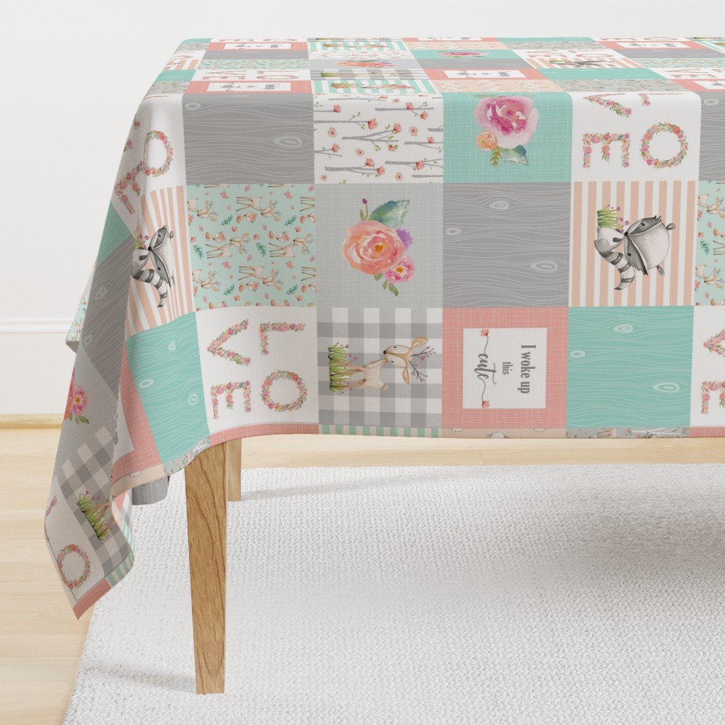 Woodland Animals Baby Girl Quilt Top - Deer Fox Raccoon Patchwork Wholecloth Baby Blanket Gray Mint Peach 