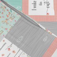 Woodland Animals Baby Girl Quilt Top - Deer Fox Raccoon Patchwork Wholecloth Baby Blanket Gray Mint Peach 