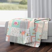 Woodland Animals Baby Girl Quilt Top - Deer Fox Raccoon Patchwork Wholecloth Baby Blanket Gray Mint Peach 