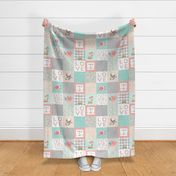 Woodland Animals Baby Girl Quilt Top - Deer Fox Raccoon Patchwork Wholecloth Baby Blanket Gray Mint Peach 