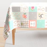 Woodland Animals Baby Girl Quilt Top - Deer Fox Raccoon Patchwork Wholecloth Baby Blanket Gray Mint Peach 