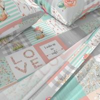 Woodland Animals Baby Girl Quilt Top - Deer Fox Raccoon Patchwork Wholecloth Baby Blanket Gray Mint Peach 