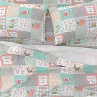 Woodland Animals Baby Girl Quilt Top - Deer Fox Raccoon Patchwork Wholecloth Baby Blanket Gray Mint Peach 