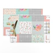 Woodland Animals Baby Girl Quilt Top - Deer Fox Raccoon Patchwork Wholecloth Baby Blanket Gray Mint Peach 