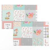 Woodland Animals Baby Girl Quilt Top - Deer Fox Raccoon Patchwork Wholecloth Baby Blanket Gray Mint Peach 