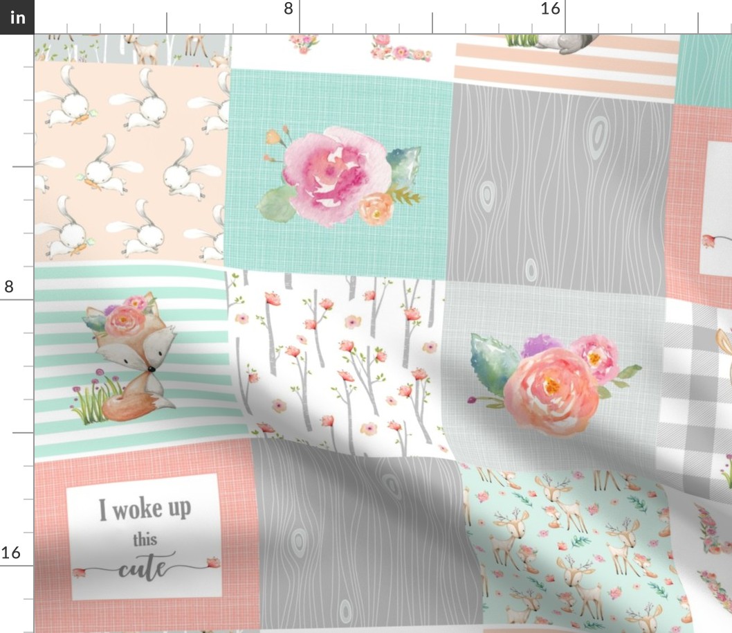 Woodland Animals Baby Girl Quilt Top - Deer Fox Raccoon Patchwork Wholecloth Baby Blanket Gray Mint Peach 