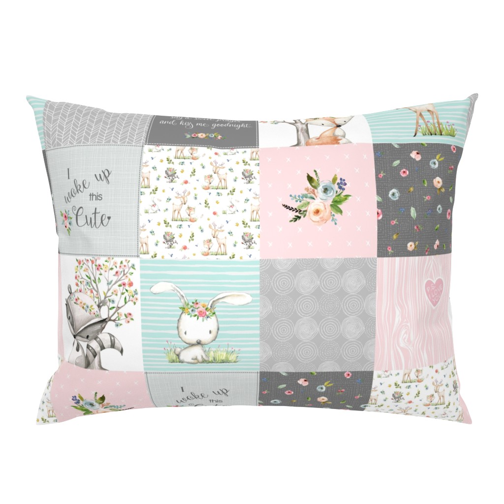 Woodland Friends Nursery Patchwork Quilt - I Woke Up This Cute Wholecloth Deer Fox Raccoon Bunny (Grey Pink) GingerLous