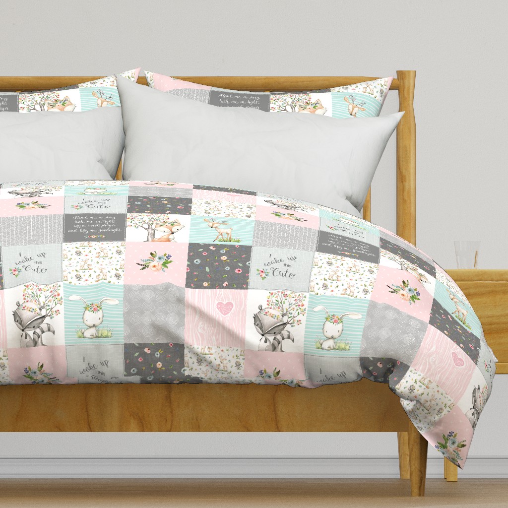 Woodland Friends Nursery Patchwork Quilt - I Woke Up This Cute Wholecloth Deer Fox Raccoon Bunny (Grey Pink) GingerLous