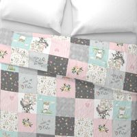 Woodland Friends Nursery Patchwork Quilt - I Woke Up This Cute Wholecloth Deer Fox Raccoon Bunny (Grey Pink) GingerLous