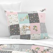 Woodland Friends Nursery Patchwork Quilt ROTATED- I Woke Up This Cute Wholecloth Deer Fox Raccoon Bunny (Grey Pink) GingerLous