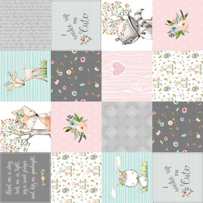 Woodland Friends Nursery Patchwork Quilt ROTATED- I Woke Up This Cute Wholecloth Deer Fox Raccoon Bunny (Grey Pink) GingerLous