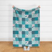 Turquoise Floral Quilt Panel ROTATED - Cheater Quilt, Patchwork Blush Peach Watercolor Peonies & Teal/Blue Leaves. Ginger Lous