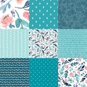 Turquoise Floral Quilt Panel ROTATED - Cheater Quilt, Patchwork Blush Peach Watercolor Peonies & Teal/Blue Leaves. Ginger Lous