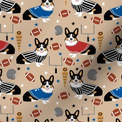 tricolored corgi football design cute corgis and touchdowns fabric - brown