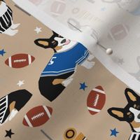 tricolored corgi football design cute corgis and touchdowns fabric - brown