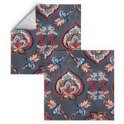 Red & Blue Floral Ogees on Textured Grey - extra large