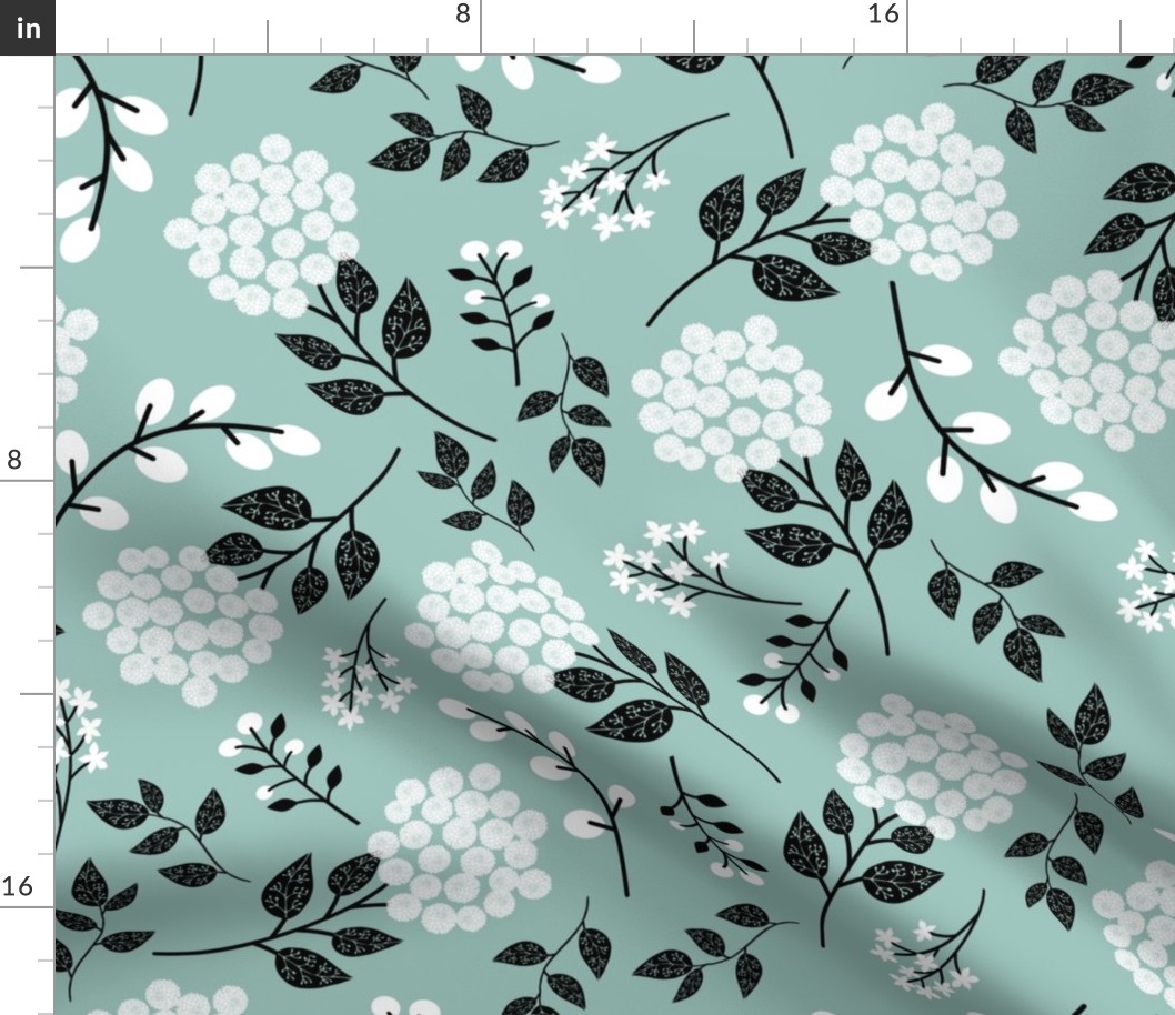 Mary's Floral (ice blue) Black + White Flower Fabric, LARGER scale