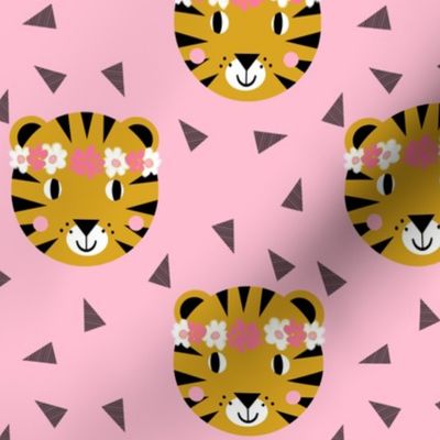 tiger flower crown pink fabric cute florals and tiger animals print - light pink